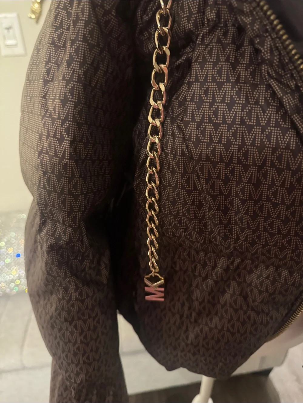Michael Kors Dark Brown Quilted Puffer Jacket with Gold Chain Trim